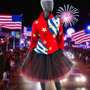 Patriotic American Flag Stars Stripes Jacket Red White Blue 80s Small 100% Silk